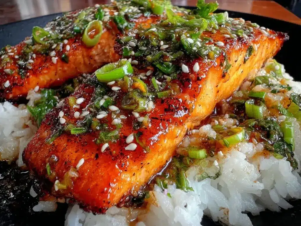 honey garlic salmon rice bowl - featured image