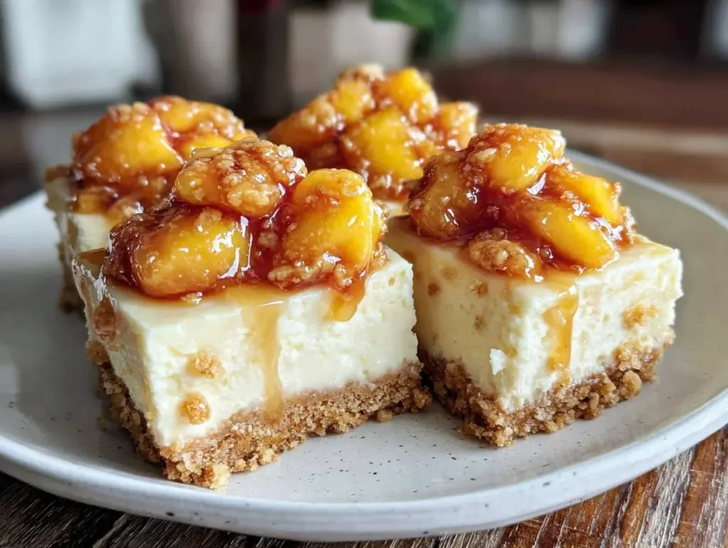 no bake peach cheesecake bars - featured image