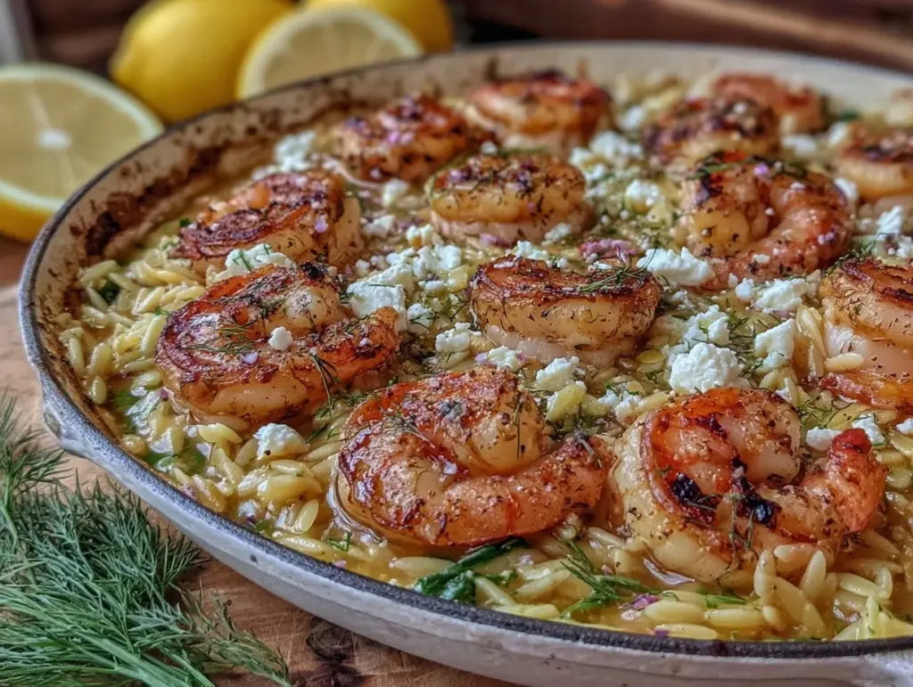 one-pan lemon orzo with shrimp feta spinach - featured image