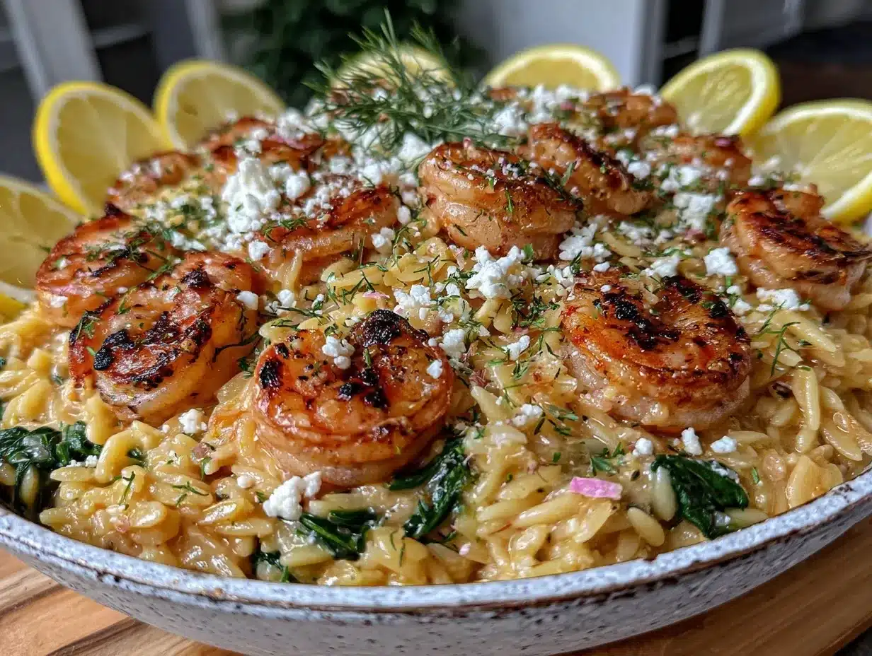 one-pan lemon orzo with shrimp feta spinach preparation steps