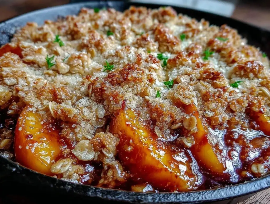 one-skillet brown butter peach crisp - featured image