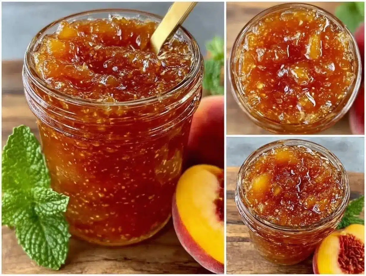 peach bourbon no-cook freezer jam preparation steps