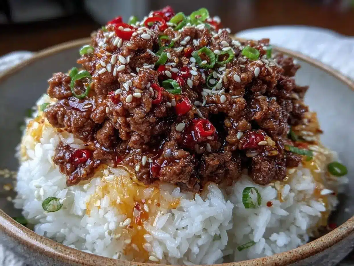 spicy garlic ground beef rice bowl preparation steps