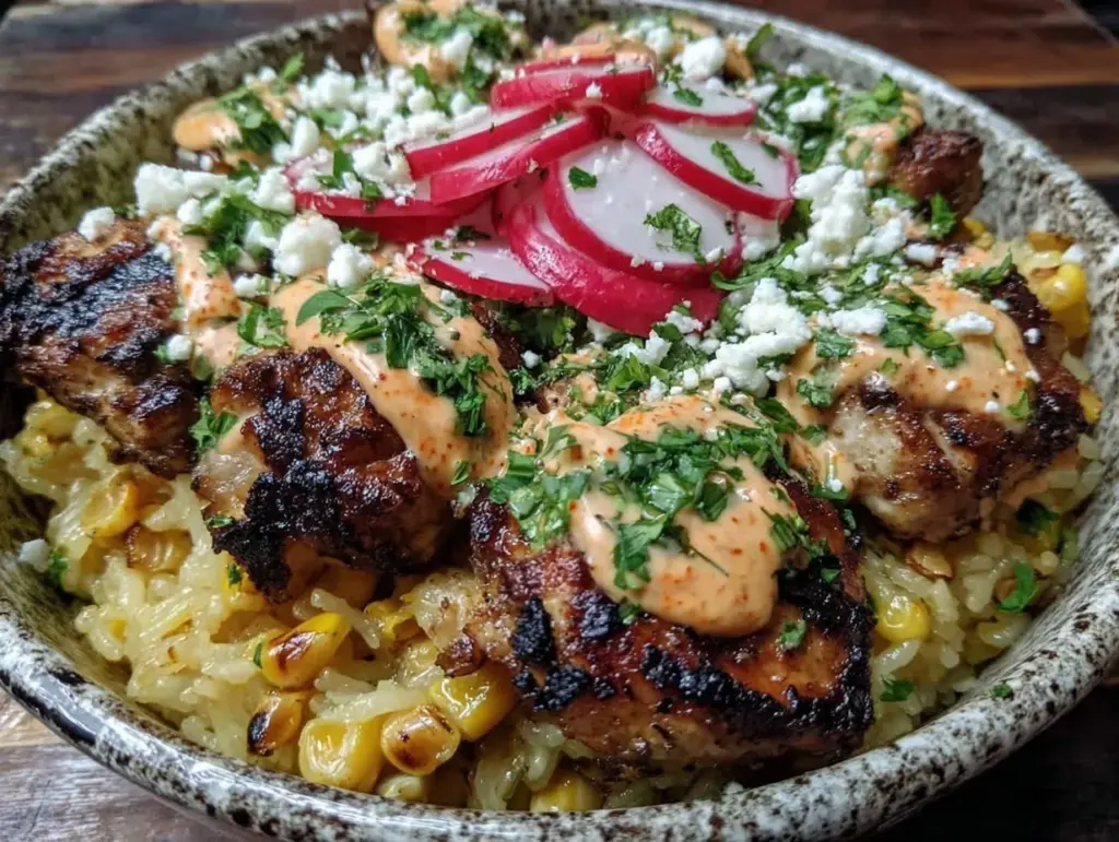 street corn chicken rice bowl - featured image